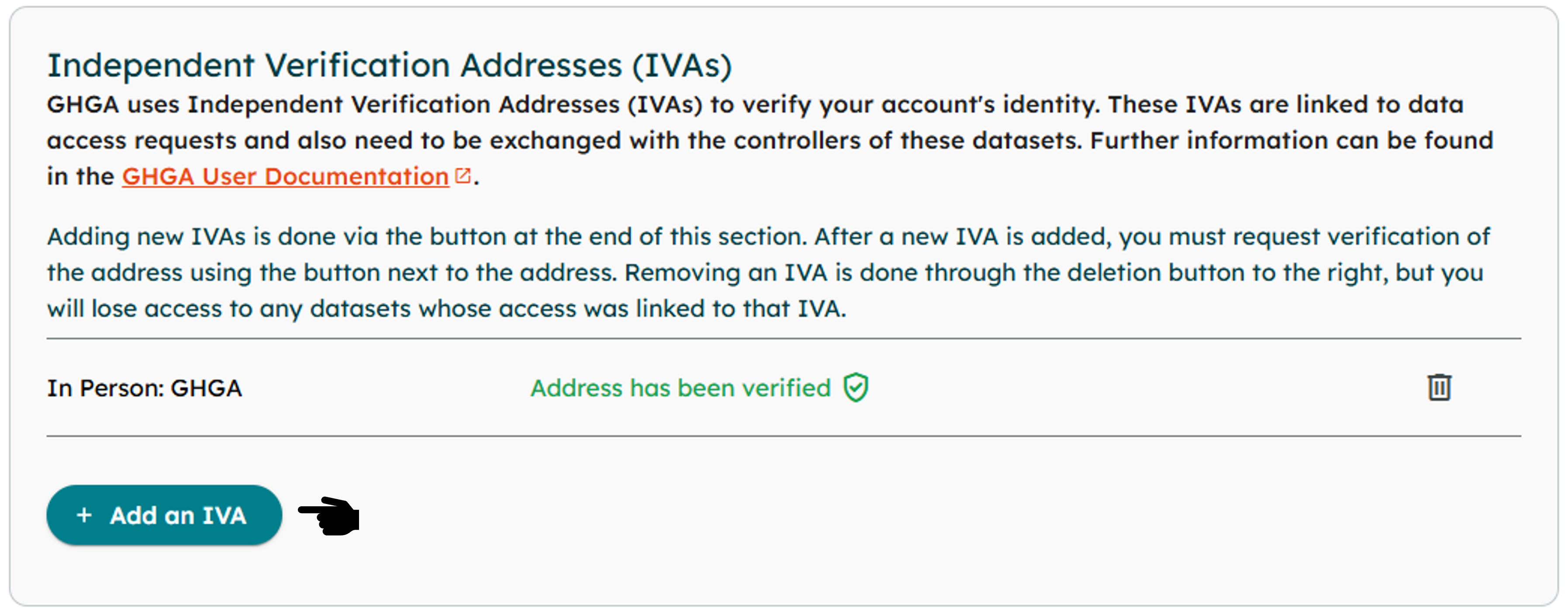 Screenshot of GHGA Data Portal profile page showing where to add a new IVA – as described in the text above.