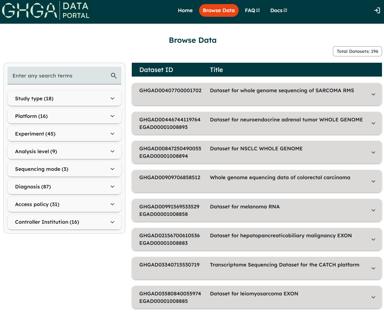 Screenshot of the unfiltered GHGA Data Portal Browse page, showing the dataset list, keyword search field, and collapsible filter categories on the left.