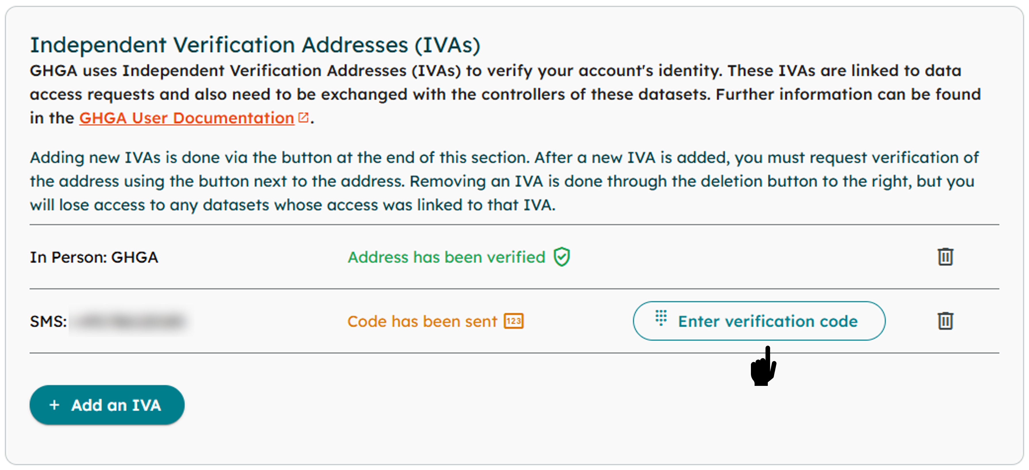 Screenshot of GHGA Portal showing where to enter the verification code after it has been received – as described in the text above.