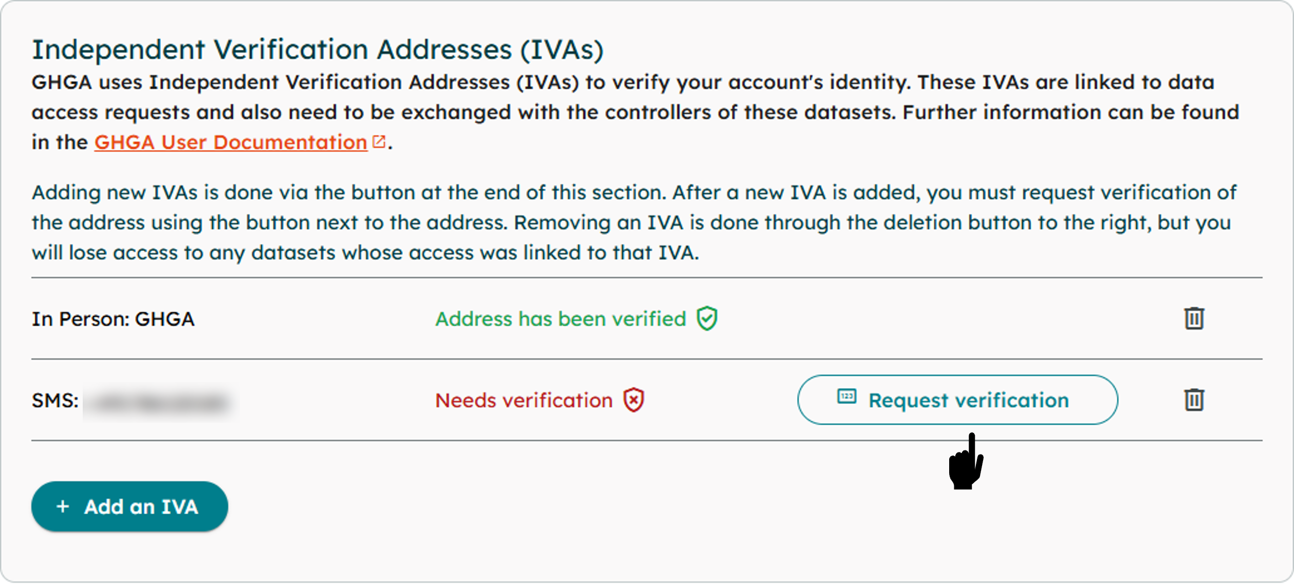 Screenshot of GHGA Portal showing how to request verification for a newly added contact address – as described in the text above.